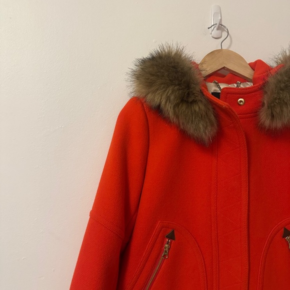 J. Crew Chateau Parka Coat In Stadium Cloth Red With Removable Fur Hood | Size 6 - Picture 8 of 13